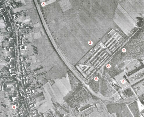 Blick auf das Zwangsarbeiterlager in Germendorf (etwa 1943) Legende: 1: Heinkel-Flugzeugwerk (Werk I); 2: Zwangsarbeiterlager an der Straße nach Velten; 3: Verbindungsstraße und Bahngleis zwischen Werk I und Werk II in Annahof (heute Annahofer Straße); 4: Germendorf Unterteilung der Zwangsarbeiter nach Nationalitäten (A: französische Kriegsgefangene; B: Zwangsarbeiter aus West- und Südeuropa; C: Zwangsarbeiter aus Osteuropa)