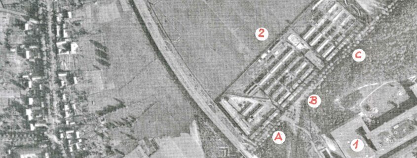 Blick auf das Zwangsarbeiterlager in Germendorf (etwa 1943) Legende: 1: Heinkel-Flugzeugwerk (Werk I); 2: Zwangsarbeiterlager an der Straße nach Velten; 3: Verbindungsstraße und Bahngleis zwischen Werk I und Werk II in Annahof (heute Annahofer Straße); 4: Germendorf Unterteilung der Zwangsarbeiter nach Nationalitäten (A: französische Kriegsgefangene; B: Zwangsarbeiter aus West- und Südeuropa; C: Zwangsarbeiter aus Osteuropa)