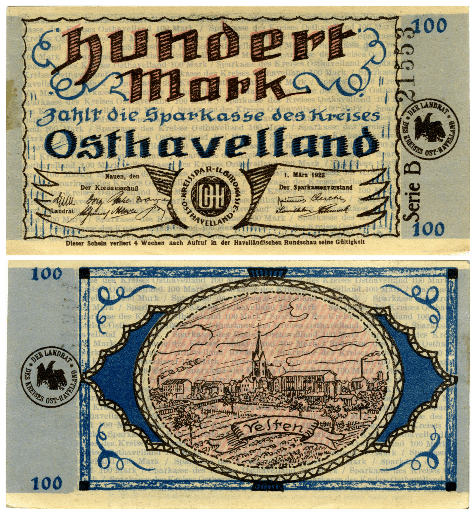 Beispiel eines Inflationsgeldscheins aus dem Jahr 1923. Wegen des hohen Geldbedarfs wurden diese – zusätzlich zu den Reichsbanknoten mit Einzelwerten von teils mehr als „Zweihundert Milliarden Mark“ – nicht von staatlicher Seite (Finanzministerium) herausgegeben, sondern von Kreissparkassen, Kommunen oder gar Unternehmen, hier die Kreissparkasse Osthavelland. Die Motive waren sehr vielfältig. Ähnliche Scheine gab es aus Nauen, Ketzin oder auch Hakenberg. (Quelle: CC BY-SA @ Münzkabinett ; https://smb.museum-digital.de/object/165535)